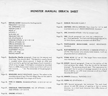 Monster Manual, Errata sheet